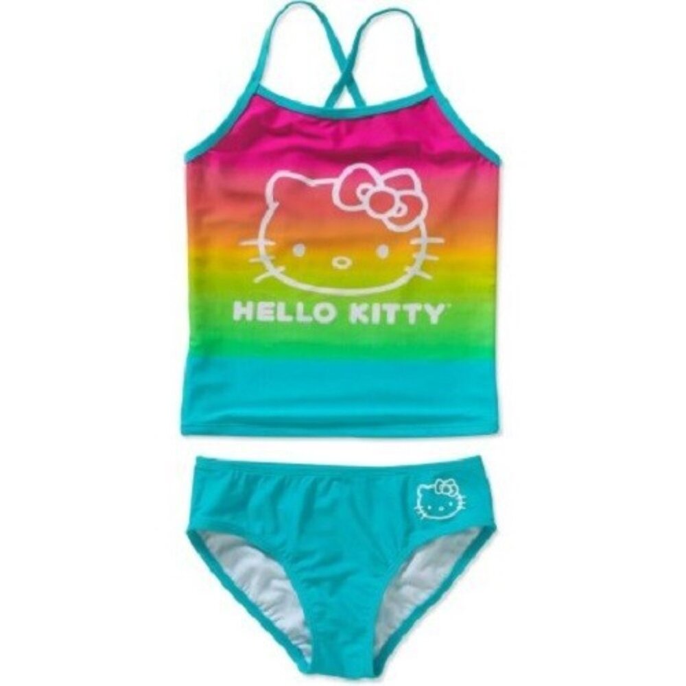 New Hello Kitty 2 pc Swimwear set Tankini Brief Girls Aqua UPF 50+ size XS 4-5